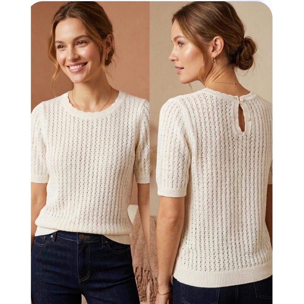LOFT White Sweater‎ Pointelle Knit Short Sleeve Woman's Top Size Medium NWT